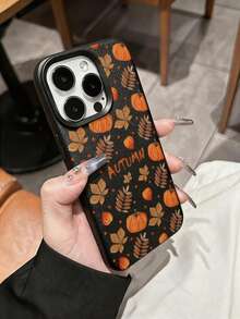 Black Faux Leather Texture Phone Case Compatible With Iphone 18 Pro Max/18 Pro/17 Pro Max/17 Pro/17 Air/17/16 Pro Max/16/15 Pro Max/15/14/13/11, Fall Pumpkin & Maple Leaf Pattern, Anti-Scratch Soft TPU Bumper Shell - Black - View 3