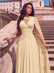 Women's Solid Color Pleated Elegant Waist-Cinching Cocktail Party Dress - Yellow - View 10