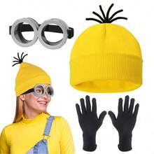Hasbro Despicable Me Minion Yellow Hat Costume Knitted Hat And Gloves Set, Halloween Costume Props Role Play - A - View 1