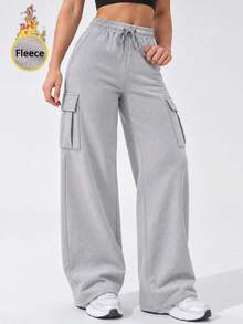 Women's High Waist Thermal Lined Cargo Sweatpants With Drawstring Elastic Waist And Side Pockets Wide Leg Casual Pants - Light Grey - View 2