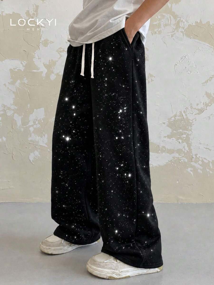 Men's Black Sparkle Wide Leg Casual Pants, Sequin Embellished, Double Drawstring Hip-Hop Style - Black - View 1