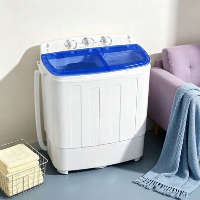 Portable Twin Tub 16 LBS Washing Machine, 9.6 LBS Washer Mini Compact Laundry Machine With 6.4 LBS Spinner, Semi-Automatic Twin Tub Washer With Drain Pump For Dorms, Apartments