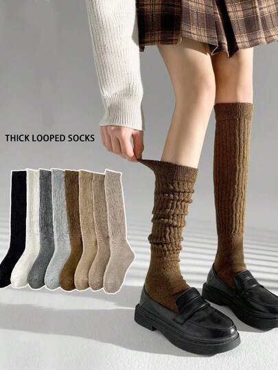 1 Pair Women's Thickened Fleece Lined Warm Solid Color Slimming Long Tube Stacked Socks, Suitable For Autumn/Winter, Pair With Skirts, Versatile Styling