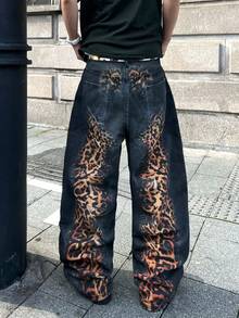1pc Digital Print Loose Fit Casual Straight Leg Jeans, Comfortable Streetwear Style Pants For Men, Versatile All Season - الأسود - مشاهدة 9