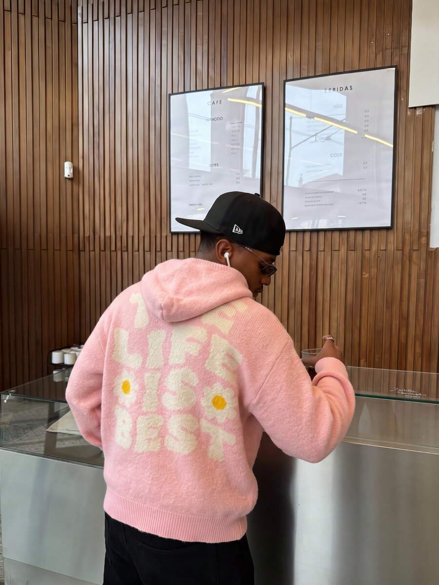 BLACKTOEXIT Men's Loose Casual College Floral Hooded Knit Sweater, Autumn/Winter - Pink - View 1