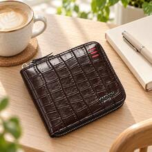 HOVI'S 1pc Black Crocodile Embossed PU Leather Men's Short Wallet, Multi-Functional Large Capacity Zipper Wallet, Card Slot Design + ID Window + Coin Compartment, Full Zipper Closure Business Casual Wallet, Suitable For Commuting, Travel, Daily Use For Men - Brown - View 2