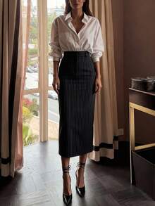 Elegant Commuter Daily Business Old Money Style Leather Striped High Cinched Waist Bodycon Midi Skirt Work Wear Women, Striped - Black - View 2