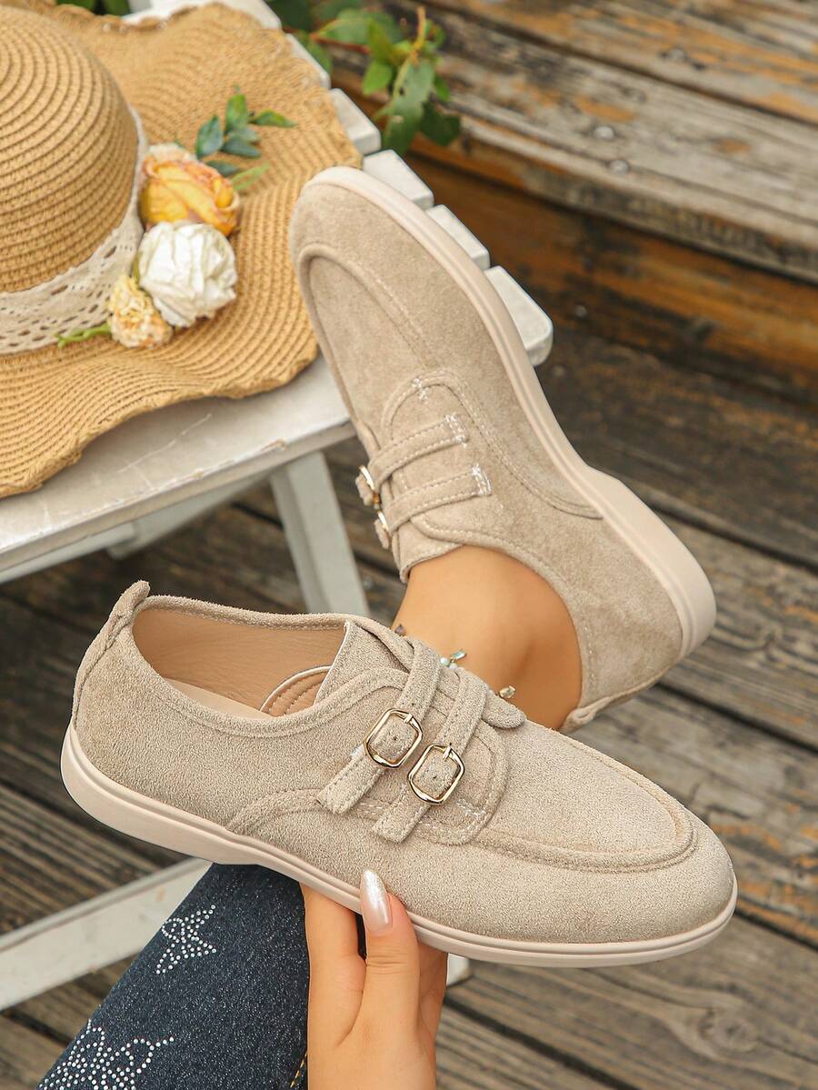 Women's Vintage Double Buckle Casual Shoes, Faux Suede Matte Upper ...