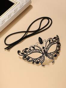 1pc Glass Rhinestone Butterfly Shaped Masquerade Mask, Halloween Personalized Face Decoration - Black - View 4