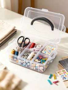 1pc Multi-Layer Divided Transparent Plastic Storage Box With Handle, Thickened Transparent Material, Multi-Compartment Classification Storage, Flip Lid With Snap Seal Dust-Proof, Stackable Space-Saving Design, Portable Handle For Easy Movement, Suitable For Storing Hair Ties, Hair Clips, Jewelry, Cosmetics, Handmade Beads Accessories, Ideal For Vanity, Desk, Bedroom Use, Multi-Functional Home Storage Box, Desktop Organizer, Beauty Accessories Classification Storage Box, Handmade Small Items Storage Box, Home Desktop Tidy Storage Solution - Clear - View 7
