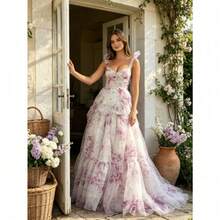 Vestido largo hombros al descubierto con lazos estampado floral organza falda multicapa amplia corsé ajustado estilo romántico ideal para boda fiesta graduación y eventos formales - Azul cielo - Ver 7