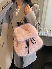 Luxury Soft Plush Women's Backpack Winter Solid Color Furry Shoulder Handbag Fashion Ladies Schoolbag For Females - Pink - View 7