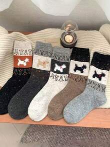 1/5/10 Pairs Vintage Fair Isle Puppy Comfortable Soft Warm Mid-Calf Socks, Long Socks, Cute Socks For Autumn And Winter - Multicolor - View 7