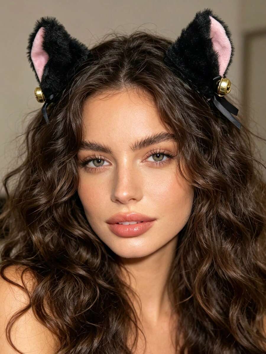2pcs/4pcs Cute Plush Cat Ear Bell Bow Hair Clips, Party Anime Convention Cosplay Costume Accessories, Girl Headwear - Multicolor - View 1