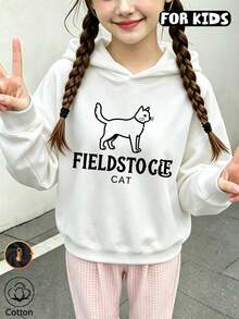 Girls Hooded Sweatshirt, Simple Line Cat & FIELDSTOCE CAT Letter Print Long Sleeve Pullover Hoodie, Casual Loose Tween Girl Hoodie For Fall Winter - White - View 3