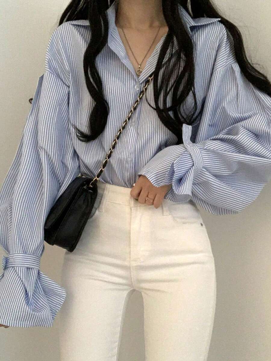 Women's Casual Summer Loose Open-Front Striped Long Sleeve Shirt With Collar, Niche Design - Blue - View 1