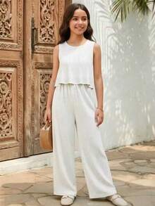 Tween Girls' Sleeveless Top + Pants 2-Piece Set, Solid Color Pleated Casual Beach Holiday Outfit, Spring/Summer - White - View 2