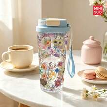 MINISO Transparent Water Cup, Cute Little Goldfish Pattern Coffee Cup, Clean And Refreshing, 550ML Transparent Water Cup, Straw, Travel, Easy To Carry; Valentine's Day Gift. - Baby Blue - View 2
