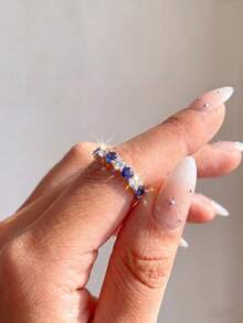 1pc Blue Rhinestone Ring, Versatile Daily Wear, Party Accessory, Vintage Jewelry Women's Gift - Fashion Diamond Ring - View 5