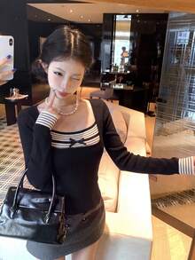 Women's Sexy Bowknot Decor Long Sleeve Sweater - Black - View 1