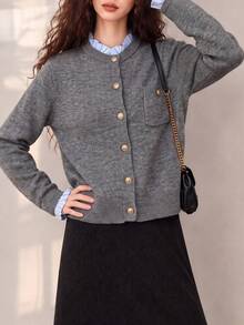 Women's Vintage Grey Knit Cardigan, Round Neck Long Sleeve Button Sweater, Autumn/Winter Fashion Regular Fit Cardigan - Grey - View 4