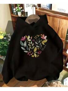 Women's Floral Print Detailed Fleece Lined Hooded Sweatshirt - Black - View 1