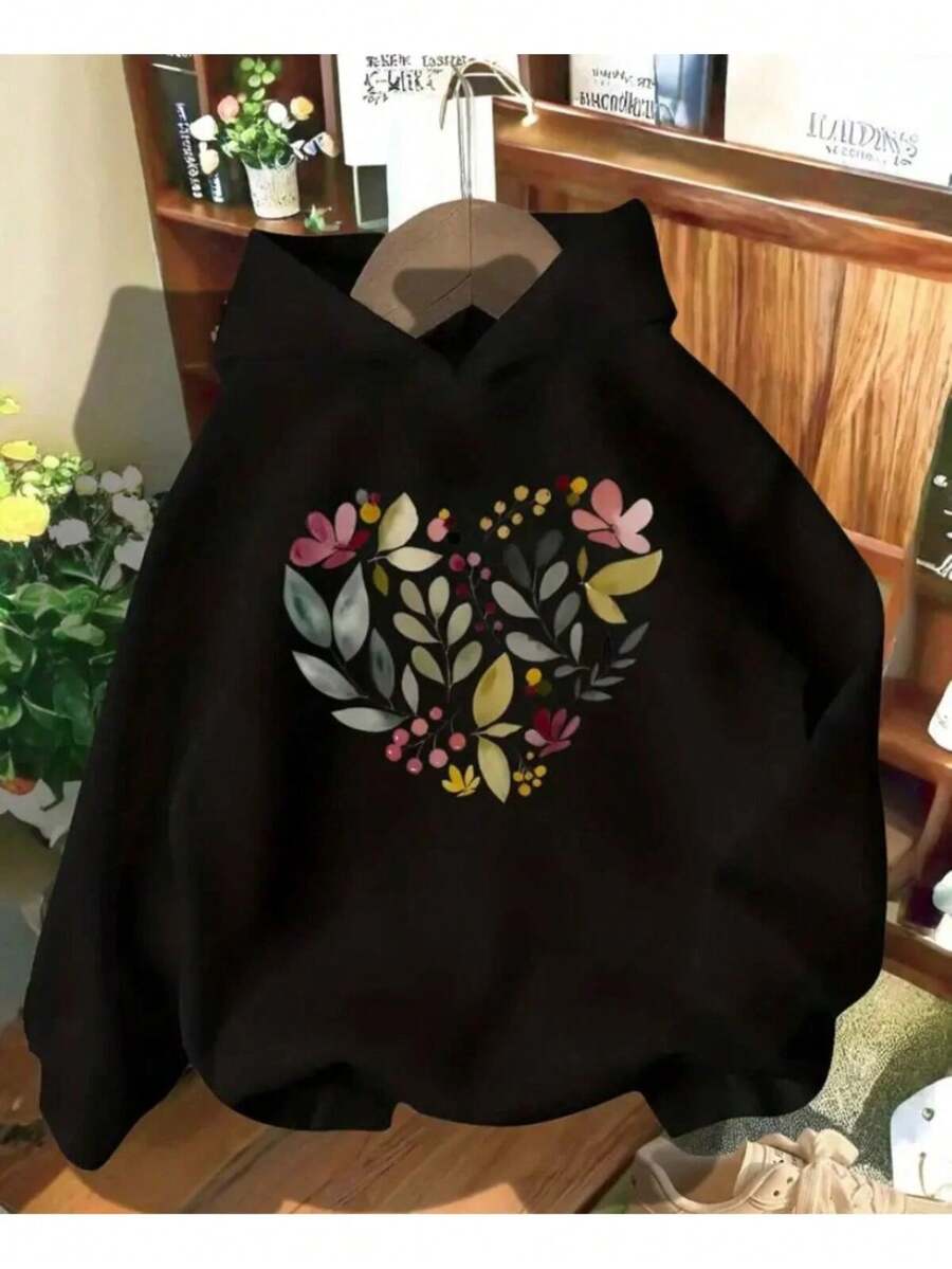 Women's Floral Print Detailed Fleece Lined Hooded Sweatshirt - Black - View 1