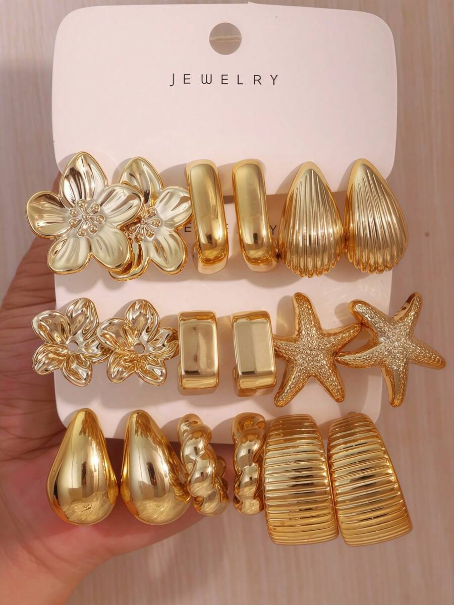Set Anting-Anting Emas Tebal Vintage Multi-Gaya 2-6-18 Buah, Anting-Anting Bentuk Bunga, Bintang Laut, Kerang & Geometris - Emas - View 1