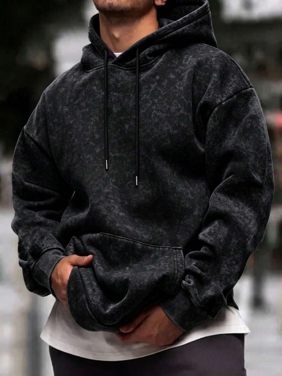 Herr hoodie sweatshirt med tryck och tvättad finish, höst/vinter - Svart - Visa 1