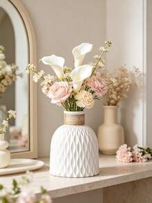 1pc Textured Vase, White Matte Wavy Pattern Vase With Rope Decor, Minimalist Farmhouse Style Decoration, Suitable For Dining Table, Living Room And Wedding Centerpiece Decor, Matte Farmhouse Style Decoration, Rope Decor Vase, Minimalist Gift - 1pc - View 5