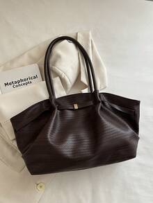 Retro Brown Braided Pattern Tote Bag Soft PU Large Capacity Daily Work Shoulder Handbag - Coffee Brown - View 8