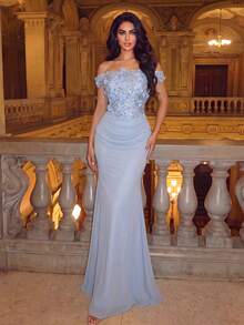Women's Romantic Light Blue Chiffon Cold Shoulder Long Formal Mermaid Dress, Decorated With Exquisite 3D Floral Chest Embellishment And Lace-Up Back - Baby Blue - View 5