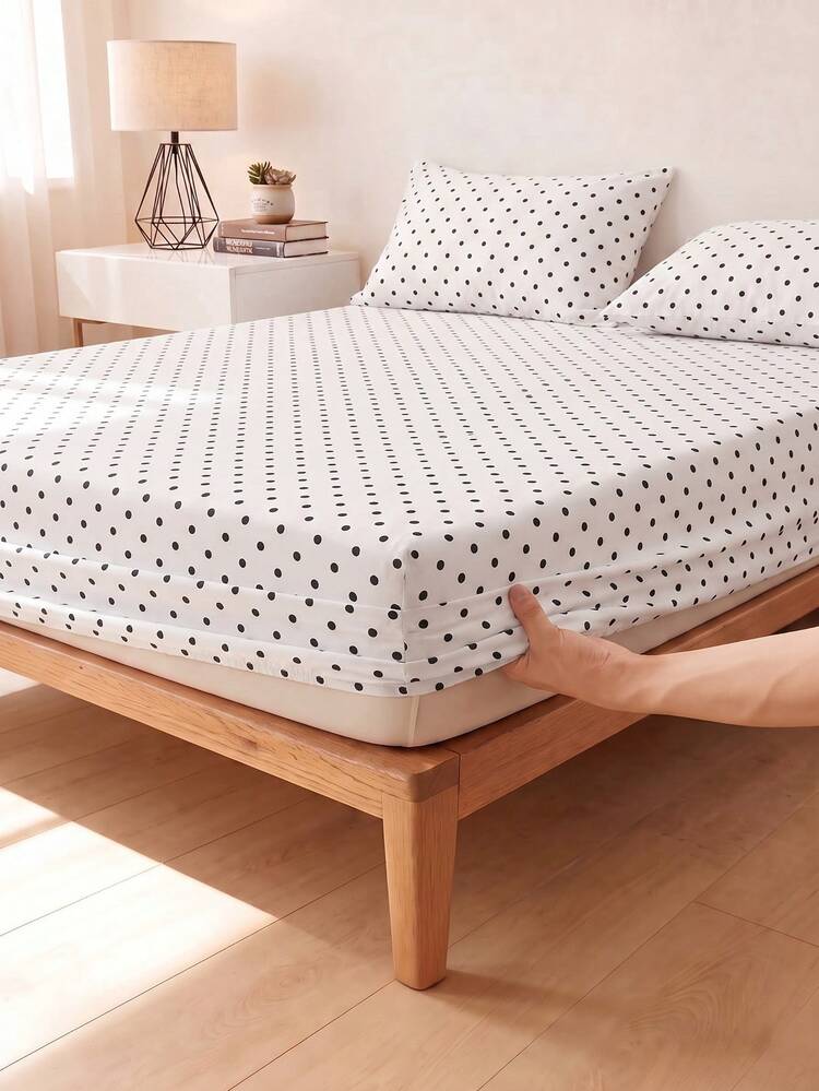 2/3pcs Set Modern Simple White Polka Dot Pattern Fitted Sheet Set Without Filler, Bedspread Sheet Set For Bedroom Brushed Microfiber Breathable Comfortable 1pc Fitted Sheet+1/2pcs Pillow Case, Back School Bedding Domitory Bedding Set - White - View 5
