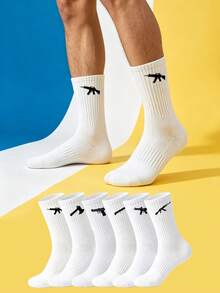 6 Pairs White Random Game Weapon Socks, Men's College Style Mid-Calf Socks, Compression Anti-Slip Shock-Absorbing Sports Socks, Casual Everyday Socks - Multicolor - View 1