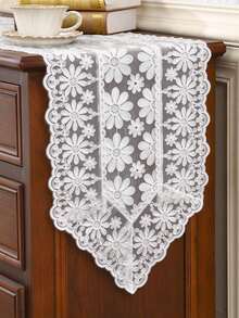 HXARTMIS 1PC Romantic White Daisy Lace Table Runner, Hollow Embroidery Semi-Transparent Mesh Table Runner, White Wavy Edge Table Decor, Suitable For Bridal Shower, Daily Home Decor And Holiday Decoration - White - View 3