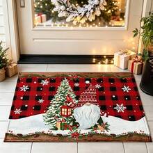 1pc Soft Faux Cashmere Material Floor Mat, Christmas Holiday Red Plaid Cartoon Decorative Rug, Kitchen Entrance Door Mat, Bedroom Door Anti-Slip Mat, Bathroom Non-Slip Mat, Festive Atmosphere Entryway Mat, Suitable For Multiple Scenes Anti-Slip Floor Mat, Room Decor, Holiday Gift - Multicolor - View 2