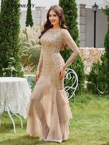 Elegant Champagne Gold Embellished Layered Evening Dress, Suitable For Parties, Gatherings, Holidays, Dates - Champagne Gold - View 4