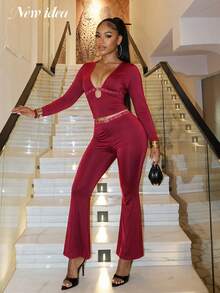 NEW IDEA Women's Sexy Burgundy Fall Winter Two‑Piece Set, Deep V Long Sleeve Crop Top + High Waist Flare Pants For Night Out, Party, Going Out - Burgundy - View 4