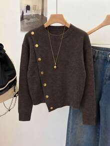 Elegant Women's Grey Long Sleeve Sweater, Rib-Knit With Stylish Asymmetrical Design And Gold Button Embellishments For Fall Winter - Brown - View 9