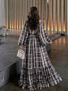 Women's Elegant Long Sleeve Modern Fashion Plaid Print Patchwork Design High-End Elegant Luxury Flare Dress - Multicolor - View 6
