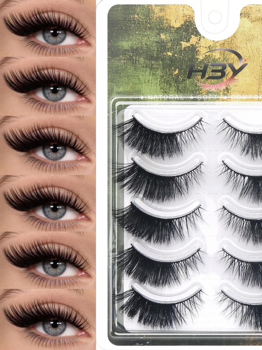 5 Pairs D-Curl Cat Eye Strip False Eyelashes, Lightweight Voluminous Wispy Fake Lashes, Soft Reusable Makeup Lashes, Suitable For All Eye Shapes For Daily & Cosplay - Black - View 1