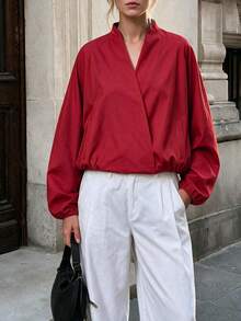 French Style Overlap V-Neck Solid Color Jacket, Slouchy Dropped Shoulder Long Sleeve Loose Fit Casual Commuter Top For Women - Red - View 4