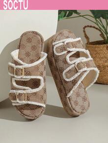 Zapatillas de mujer con punta redonda, suela gruesa, flores, punta abierta y aumento de altura - Marrón - Ver 3