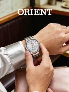 Men's ORIENT Two‑Tone Automatic Mechanical Watch Textured Silver Dial Roman Numeral Indices Date Display Stainless Steel Bracelet Business Dress Watch - SAC04001W0 - View 1