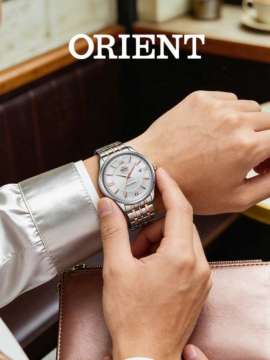 Men's ORIENT Two‑Tone Automatic Mechanical Watch Textured Silver Dial Roman Numeral Indices Date Display Stainless Steel Bracelet Business Dress Watch - SAC04001W0 - View 1