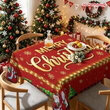 1件紅色背景聖誕主題桌布，飾有金色Merry Christmas文字、燈串邊框、雪花、聖誕樹、雪人、聖誕老人、禮物盒與馴鹿雪橇圖案，適用於廚房餐桌、餐廳裝飾、野餐露營、派對裝飾、農舍風格、桌面美化與節日氛圍營造 - 彩色 - 查看 13