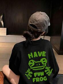 Kaos Lengan Panjang Wanita Fashion Musim Semi/Gugur Katun Murni Potongan Longgar Serbaguna dengan Gambar Kartun Katak. - Hitam - View 5