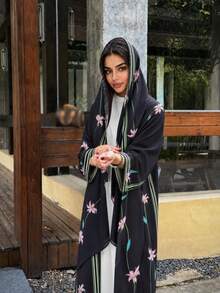 Hafizah Modest Printed Cardigan & Headscarf 2 Pieces Abaya Set For Women Black Wedding Party Fall - Black - View 5