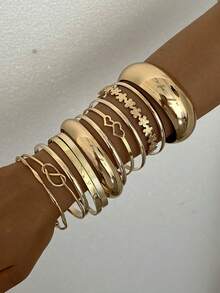 12/6pcs Multi-Piece Stackable Fashion Minimalist Elegant Exquisite Vintage Design Geometric Ribbon Wave Heart Flower Twist Love Text Multi-Element Polished Minimalist Plain Metal Chunky Bangle Bracelet Set, Holiday Vacation Party Date Gift, Daily Commute Wear, Personalized - Yellow Gold - View 1