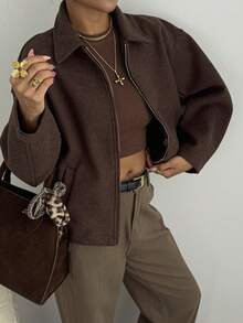 Women's Solid Color Long Sleeve Zipper Front Casual Jacket, Loose Fit Zipper Lapel Long Sleeve Outerwear, Street Style Layering Piece, Suitable For Autumn/Winter Daily Outfits - Dark Brown - View 7